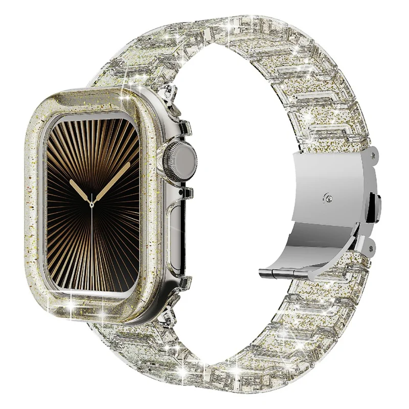 For Apple Watch Series 10 46mm Stylish PC Epoxy Resin Smartwatch Strap + Watch Case - Gold