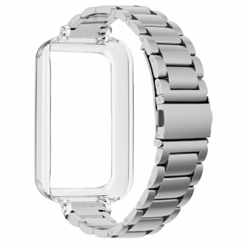 Bracelet de montre en acier inoxydable avec boîtier en PC For Honor Band 10 / 9 - Remplacement de bande solide à 3 perles - Argent + Transparent