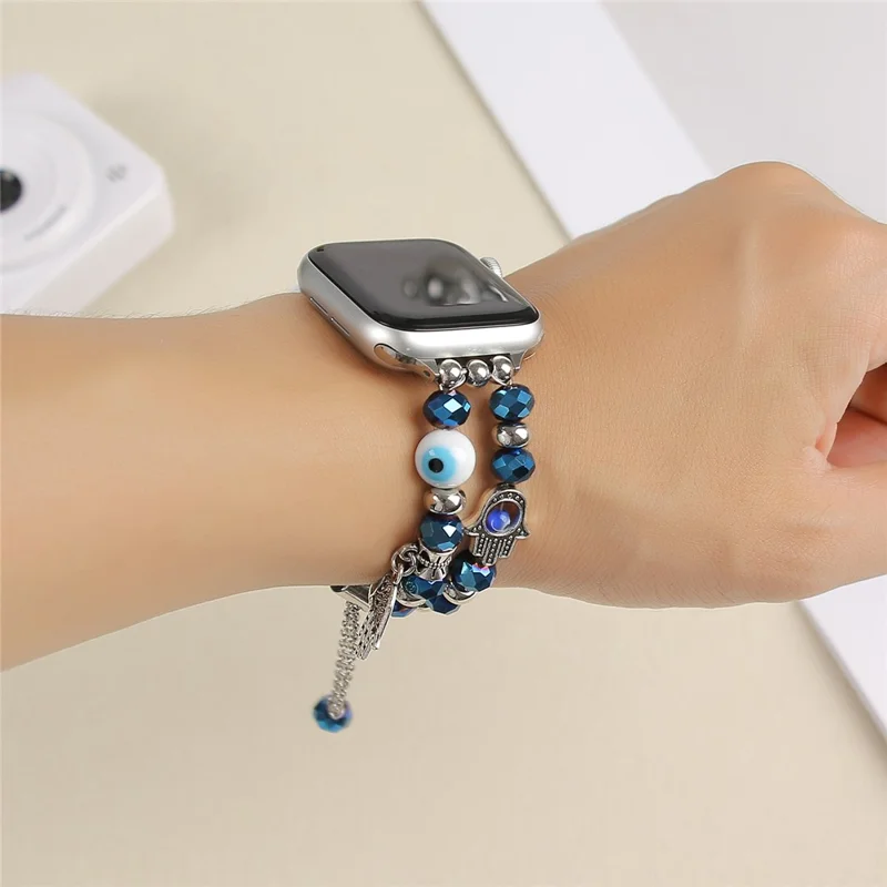 Watch Strap for Apple Watch Series 10 9 8 7 SE 6 5 4 3 2 1 42mm 41mm 40mm 38mm Evil Eye Beaded Bracelet Wrist Band - Blue