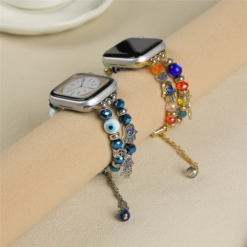 Watch Strap for Apple Watch Series 10 9 8 7 SE 6 5 4 3 2 1 42mm 41mm 40mm 38mm Evil Eye Beaded Bracelet Wrist Band - Blue