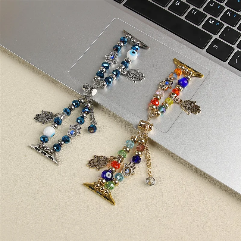 Watch Strap for Apple Watch Series 10 Ultra 9 8 7 SE 6 5 4 3 2 1 46mm 49mm 45mm 44mm 42mm Evil Eye Beaded Bracelet Wrist Band - Gold