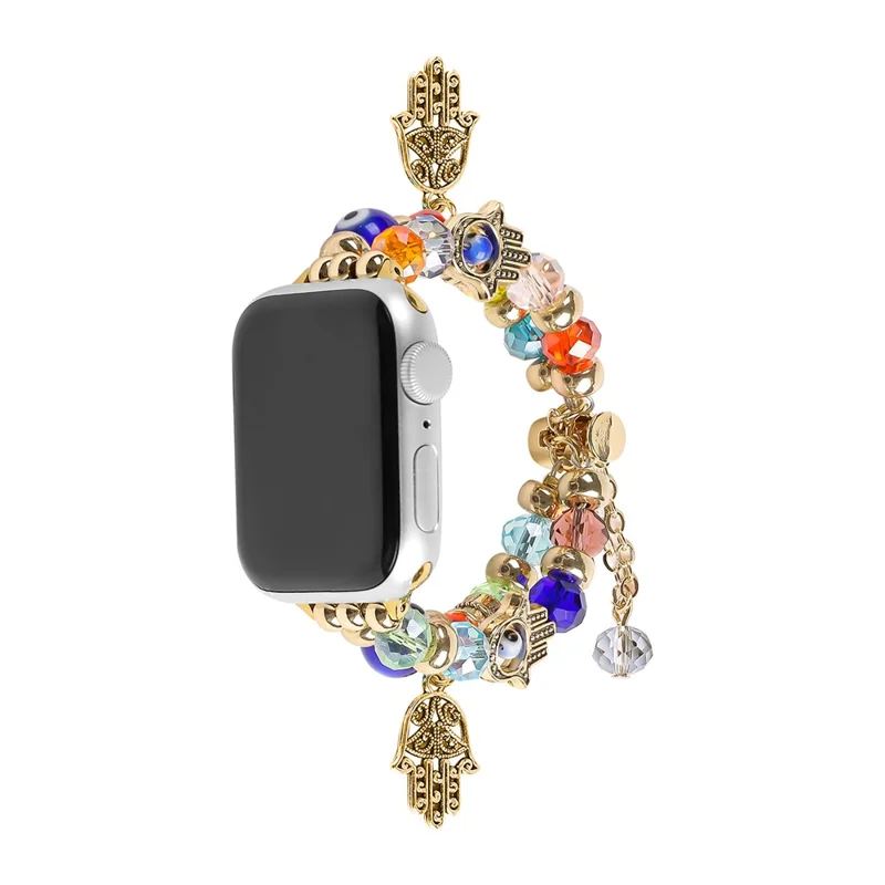 Watch Strap for Apple Watch Series 10 Ultra 9 8 7 SE 6 5 4 3 2 1 46mm 49mm 45mm 44mm 42mm Evil Eye Beaded Bracelet Wrist Band - Gold
