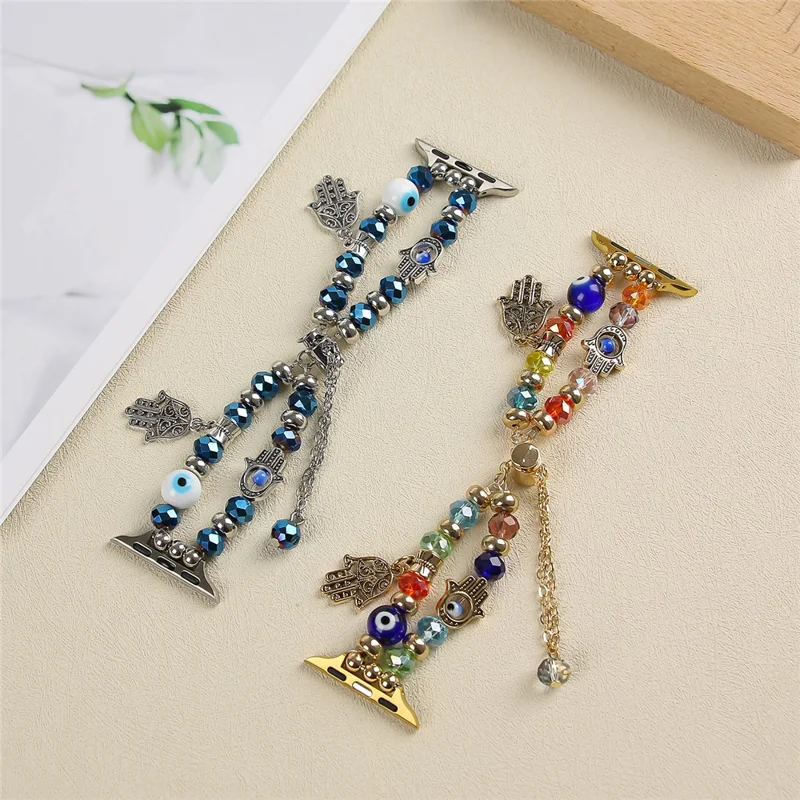Watch Strap for Apple Watch Series 10 Ultra 9 8 7 SE 6 5 4 3 2 1 46mm 49mm 45mm 44mm 42mm Evil Eye Beaded Bracelet Wrist Band - Gold