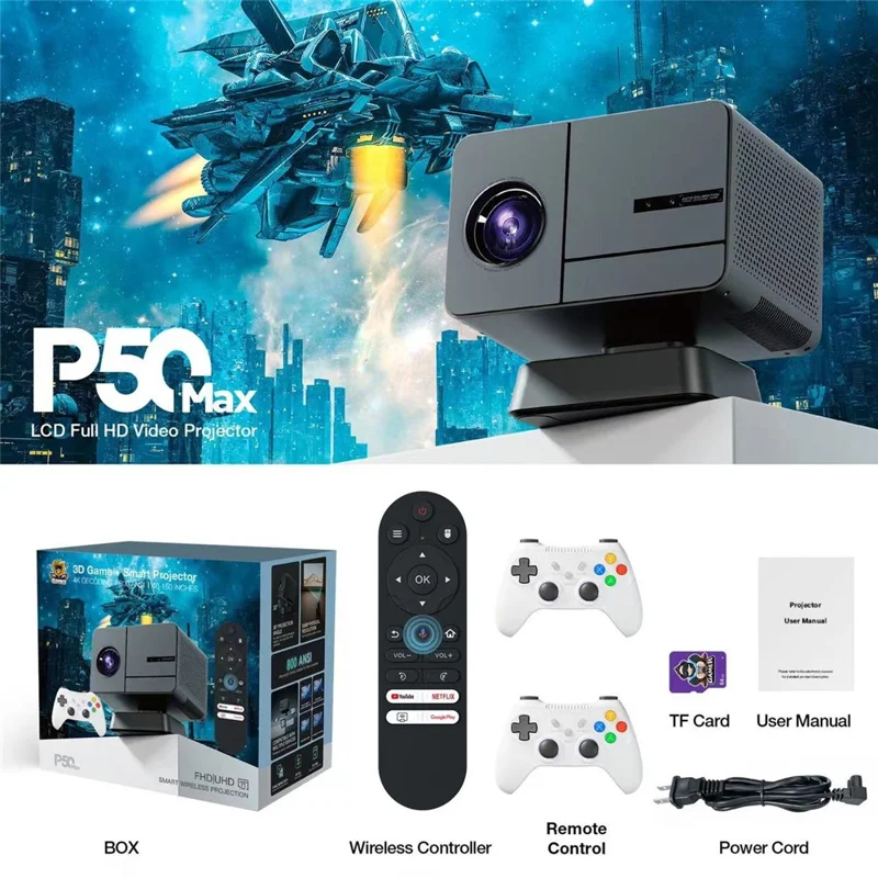 P50Max Android 11 1080P Mini Projector with 2 Gamepads 800 Lumens WiFi Portable Home Theater, 2+16GB - Black / EU Plug