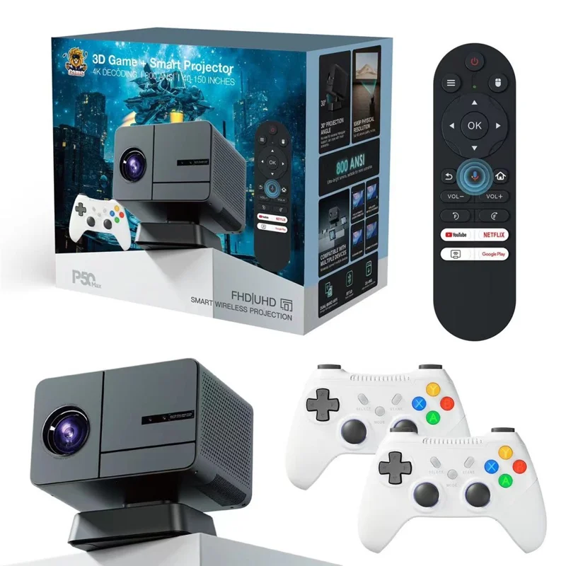 P50Max Android 11 1080P Mini Projector with 2 Gamepads 800 Lumens WiFi Portable Home Theater, 2+16GB - Black / EU Plug