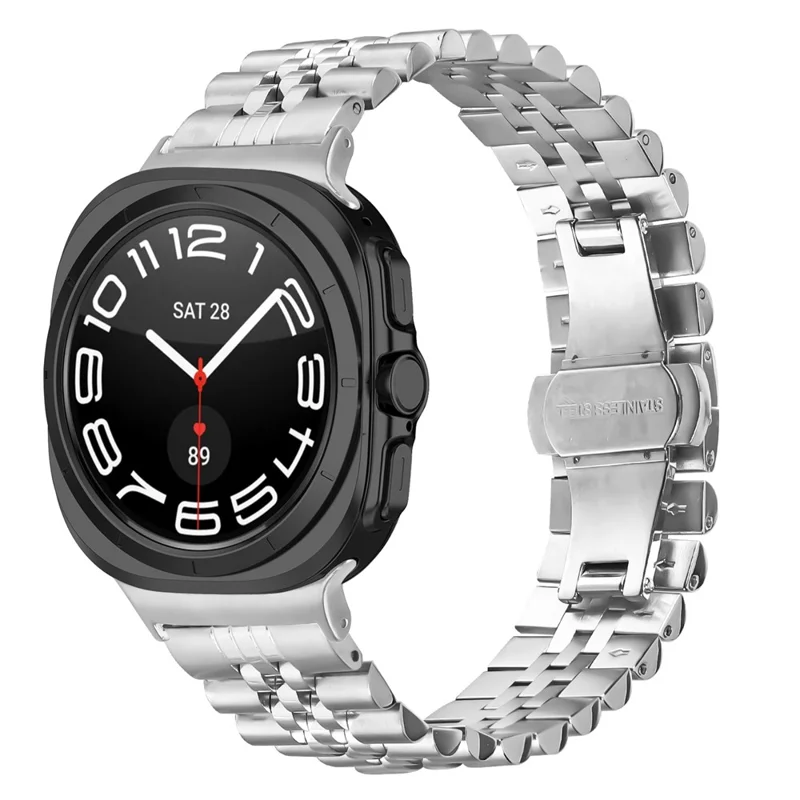 5-Bead Silver Band for Samsung Galaxy Watch Ultra (2025) 47mm Butterfly Clasp Metal Watch Strap