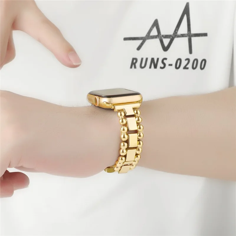 Watch Band for Apple Watch Series 10 9 8 7 SE 6 5 4 3 2 1 42mm 41mm 40mm 38mm Side Beads Stainless Steel Wrist Strap - Gold