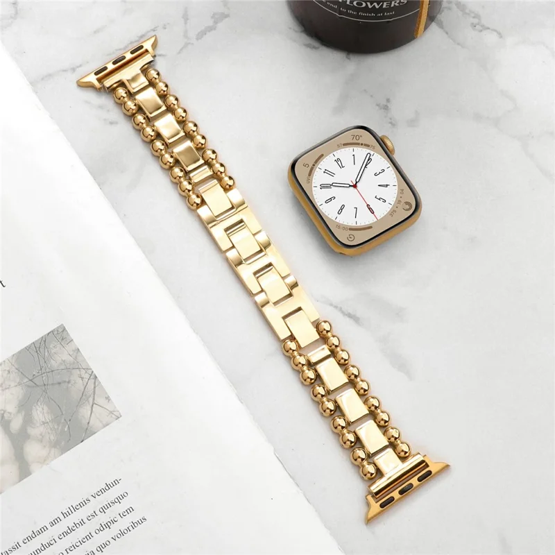 Watch Band for Apple Watch Series 10 9 8 7 SE 6 5 4 3 2 1 42mm 41mm 40mm 38mm Side Beads Stainless Steel Wrist Strap - Gold