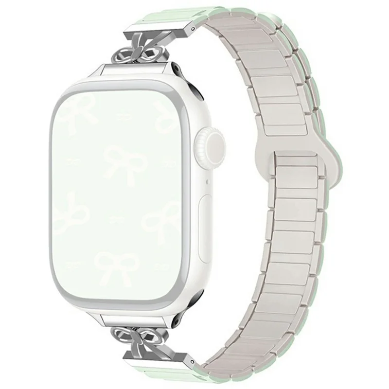 Bowknot Watch Strap for Apple Watch Series 10 9 8 7 SE 6 5 4 3 2 1 42mm 41mm 40mm 38mm Silicone Magnetic Band - Mint Green / Starlight