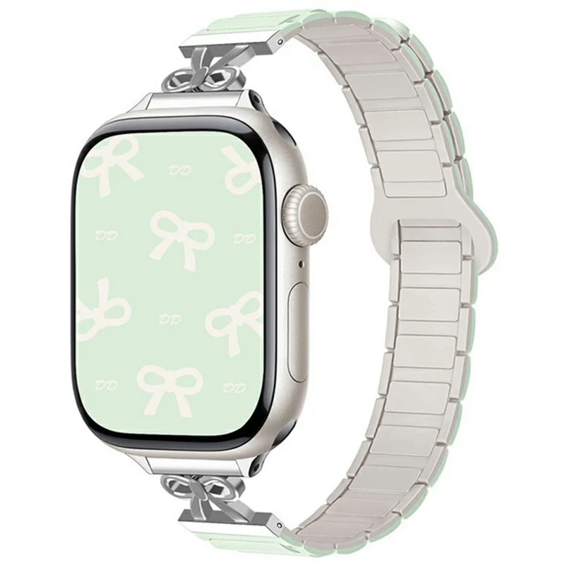 Bowknot Watch Strap for Apple Watch Series 10 9 8 7 SE 6 5 4 3 2 1 42mm 41mm 40mm 38mm Silicone Magnetic Band - Mint Green / Starlight