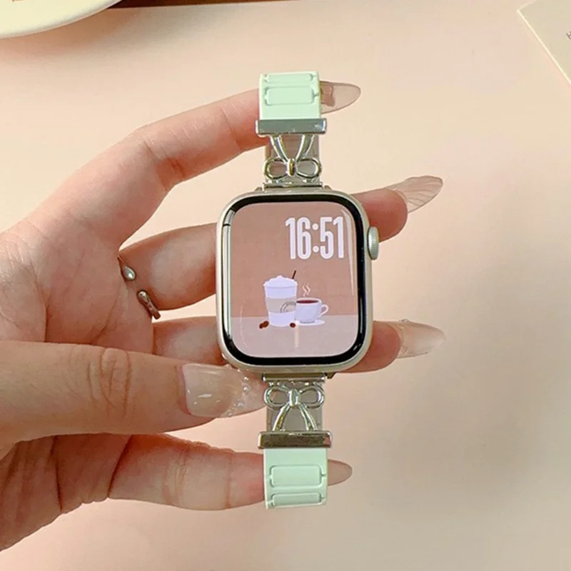 Bowknot Watch Strap for Apple Watch Series 10 9 8 7 SE 6 5 4 3 2 1 42mm 41mm 40mm 38mm Silicone Magnetic Band - Mint Green / Starlight
