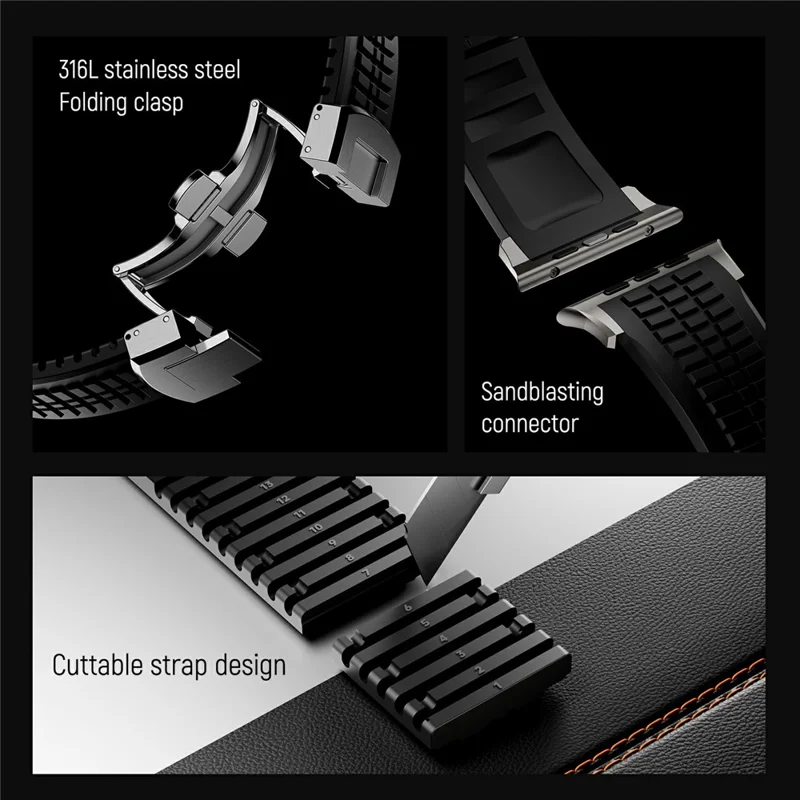 Watch Strap for Apple Watch Series 10 Ultra 9 8 7 SE 6 5 4 3 2 1 46mm 49mm 45mm 44mm 42mm Folding Buckle Silicone Band - Titanium / Black