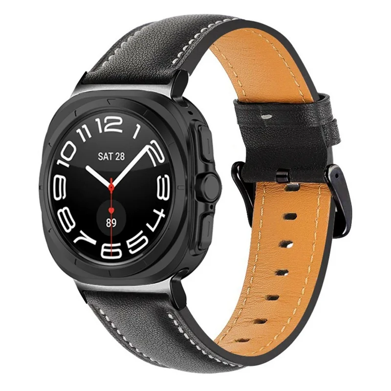 Para Samsung Galaxy Watch Ultra (2025) 47mm / Pulseira de Couro Genuíno de Vaca com Linha de Costura para Watch Ultra 47mm - Preto