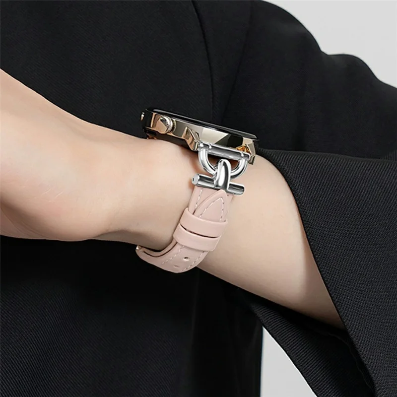 Pulseira para Samsung Galaxy Watch7 40mm 44mm / Watch6 Classic 43mm 47mm, Correia de Couro Genuíno de 20mm com Conector em Forma de D - Rosa Claro