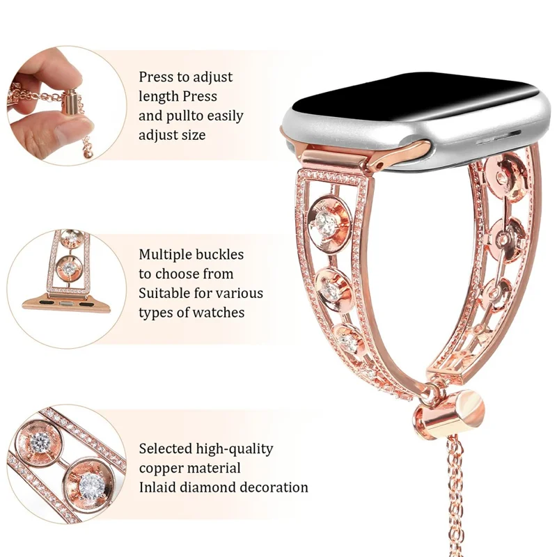 Copper Watch Band for Apple Watch Series 10 9 8 7 SE 6 5 4 3 2 1 42mm 41mm 40mm 38mm Zircon Decor Wrist Strap - Rose Gold