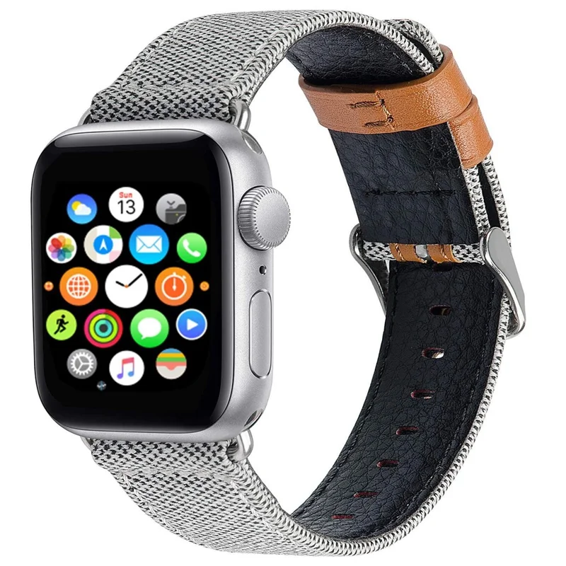 Pulseira de Relógio para Apple Watch Series 10 9 8 7 SE 6 5 4 3 2 1 42mm 41mm 40mm 38mm Lona + Couro de Vaca Genuíno - Bege