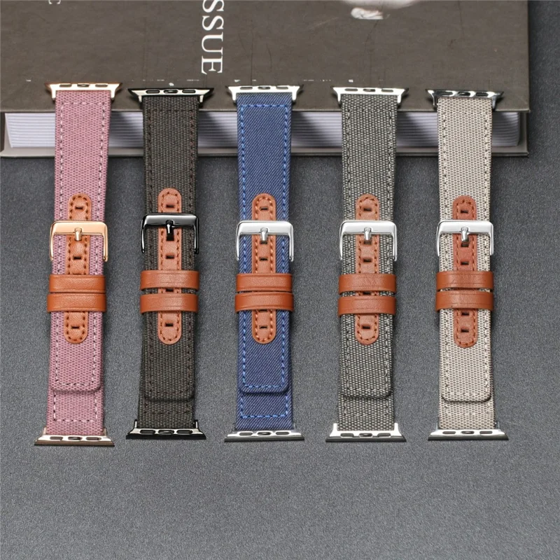 Pulseira de Relógio para Apple Watch Series 10 9 8 7 SE 6 5 4 3 2 1 42mm 41mm 40mm 38mm Lona + Couro de Vaca Genuíno - Bege