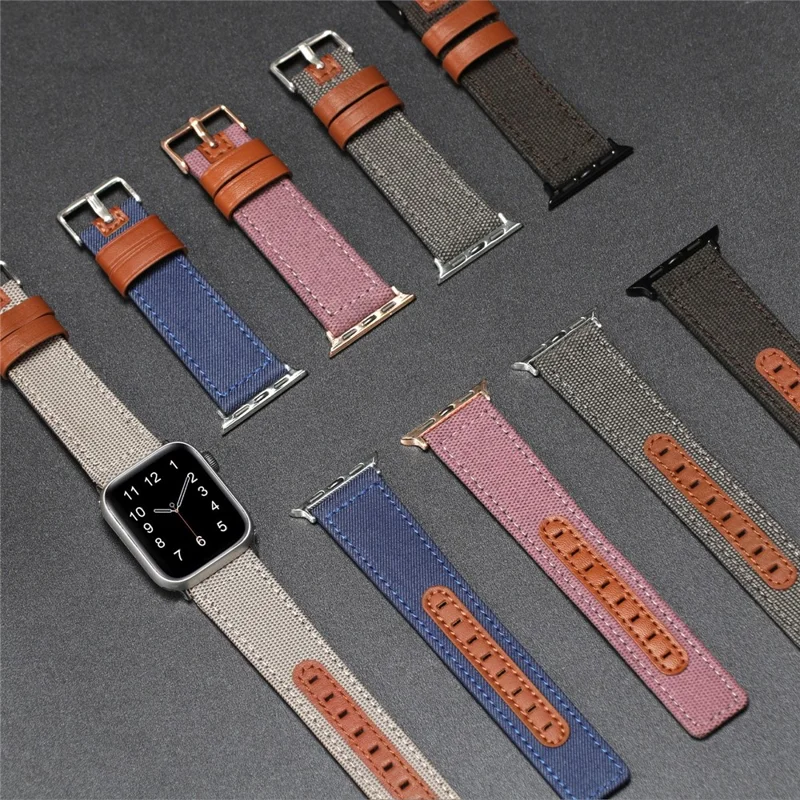 Watch Strap for Apple Watch Series 10 Ultra 9 8 7 SE 6 5 4 3 2 1 46mm 49mm 45mm 44mm 42mm Canvas + Genuine Cow Leather Band - Beige