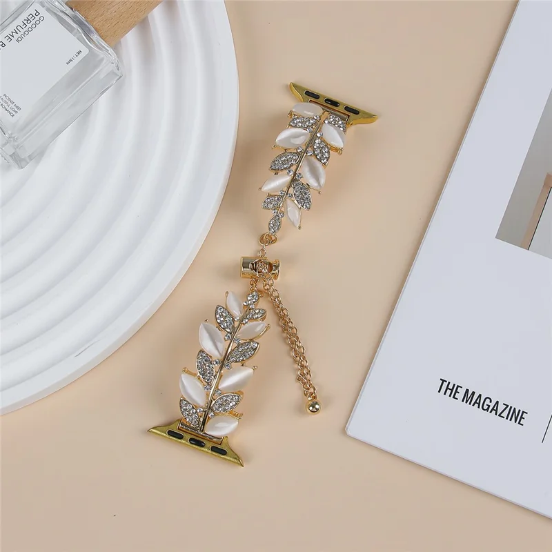 Correa de Reloj de Aleación para Apple Watch Series 10 9 8 7 SE 6 5 4 3 2 1 42mm 41mm 40mm 38mm Estilo Hoja con Decoración de Strass - Oro