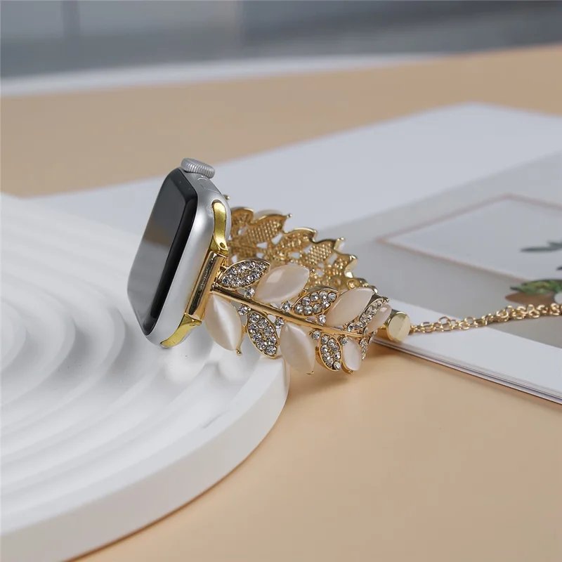Correa de Reloj de Aleación para Apple Watch Series 10 9 8 7 SE 6 5 4 3 2 1 42mm 41mm 40mm 38mm Estilo Hoja con Decoración de Strass - Oro
