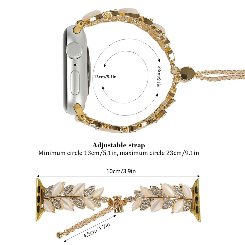 Alloy Watch Band for Apple Watch Series 10 Ultra 9 8 7 SE 6 5 4 3 2 1 46mm 49mm 45mm 44mm 42mm Leaf Style Rhinestone Decor Strap - Gold