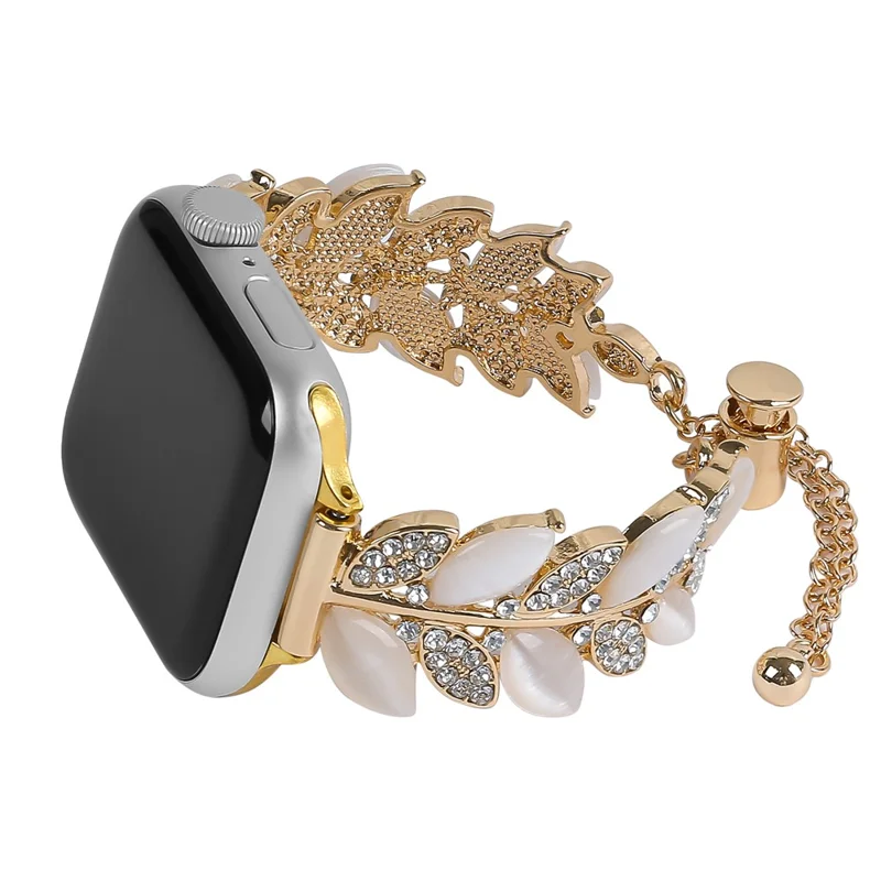 Alloy Watch Band for Apple Watch Series 10 Ultra 9 8 7 SE 6 5 4 3 2 1 46mm 49mm 45mm 44mm 42mm Leaf Style Rhinestone Decor Strap - Gold