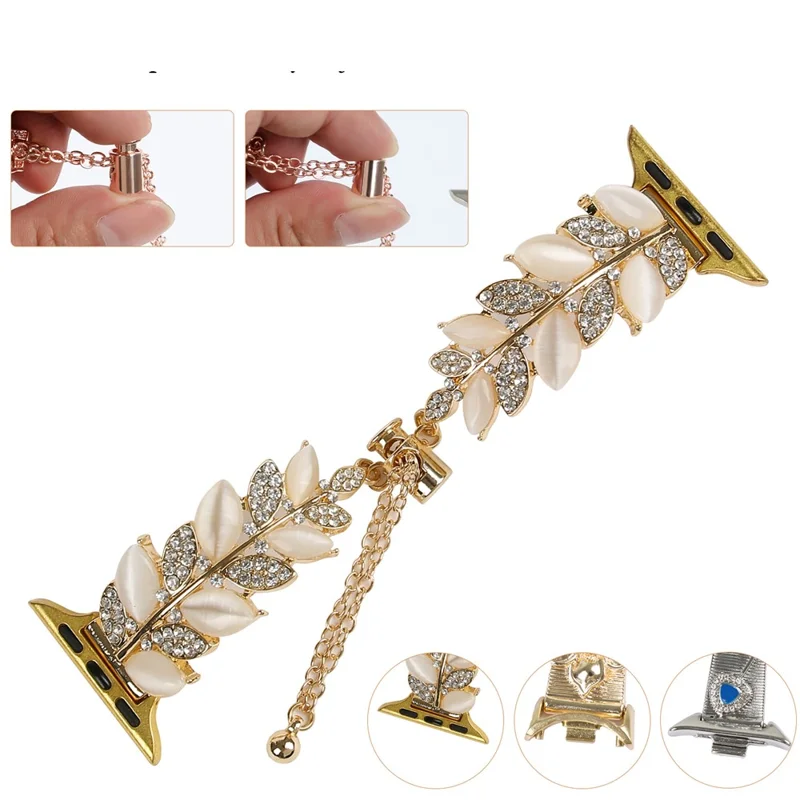 Alloy Watch Band for Apple Watch Series 10 Ultra 9 8 7 SE 6 5 4 3 2 1 46mm 49mm 45mm 44mm 42mm Leaf Style Rhinestone Decor Strap - Gold