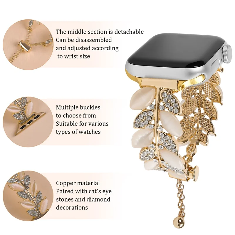 Alloy Watch Band for Apple Watch Series 10 Ultra 9 8 7 SE 6 5 4 3 2 1 46mm 49mm 45mm 44mm 42mm Leaf Style Rhinestone Decor Strap - Gold