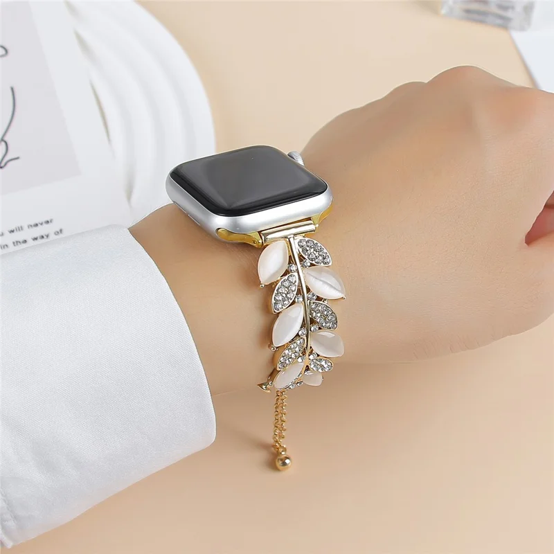Alloy Watch Band for Apple Watch Series 10 Ultra 9 8 7 SE 6 5 4 3 2 1 46mm 49mm 45mm 44mm 42mm Leaf Style Rhinestone Decor Strap - Gold