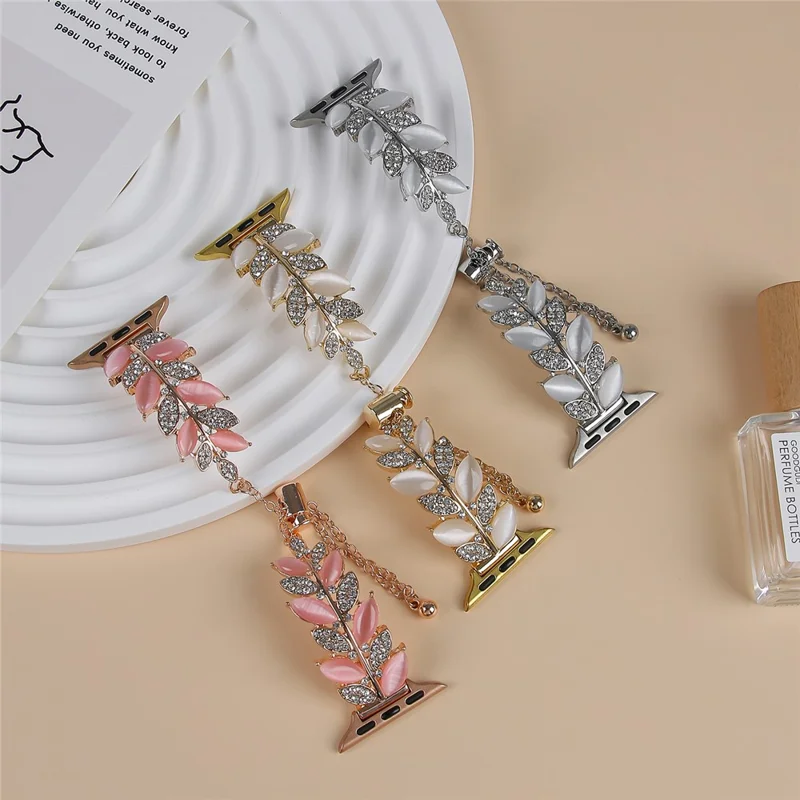 Alloy Watch Band for Apple Watch Series 10 Ultra 9 8 7 SE 6 5 4 3 2 1 46mm 49mm 45mm 44mm 42mm Leaf Style Rhinestone Decor Strap - Gold