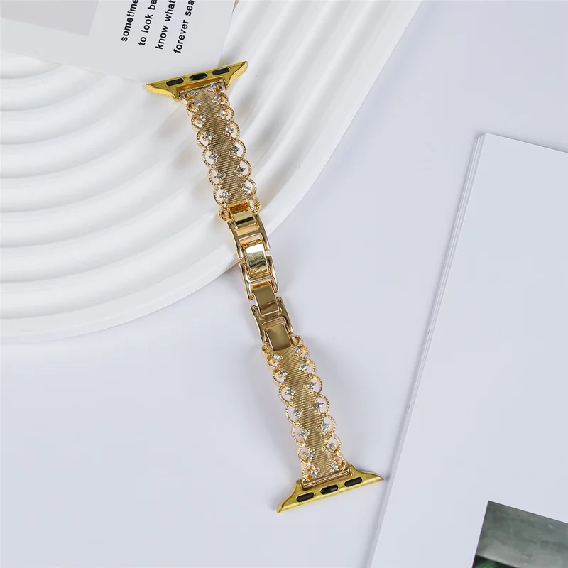 Lace Trim Watch Band for Apple Watch Series 10 9 8 7 SE 6 5 4 3 2 1 42mm 41mm 40mm 38mm Rhinestone Decor Alloy Strap - Gold
