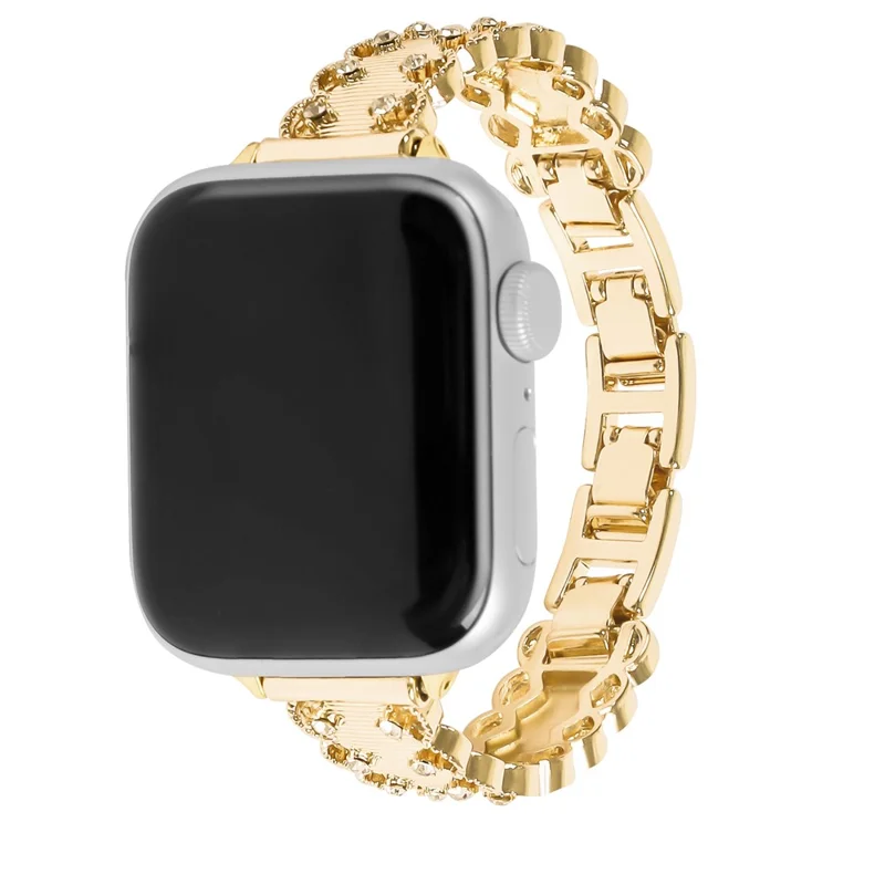 Lace Trim Watch Band for Apple Watch Series 10 Ultra 9 8 7 SE 6 5 4 3 2 1 46mm 49mm 45mm 44mm 42mm Rhinestone Decor Alloy Strap - Gold