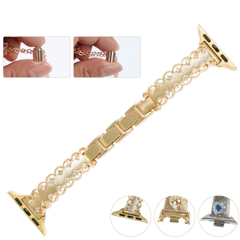 Lace Trim Watch Band for Apple Watch Series 10 Ultra 9 8 7 SE 6 5 4 3 2 1 46mm 49mm 45mm 44mm 42mm Rhinestone Decor Alloy Strap - Gold
