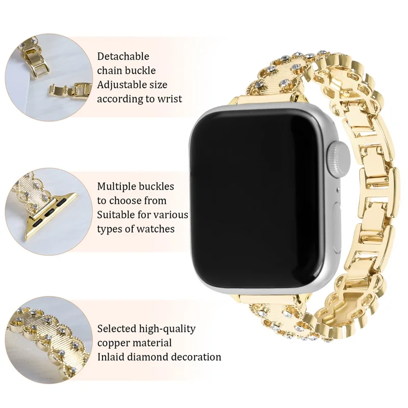Lace Trim Watch Band for Apple Watch Series 10 Ultra 9 8 7 SE 6 5 4 3 2 1 46mm 49mm 45mm 44mm 42mm Rhinestone Decor Alloy Strap - Gold