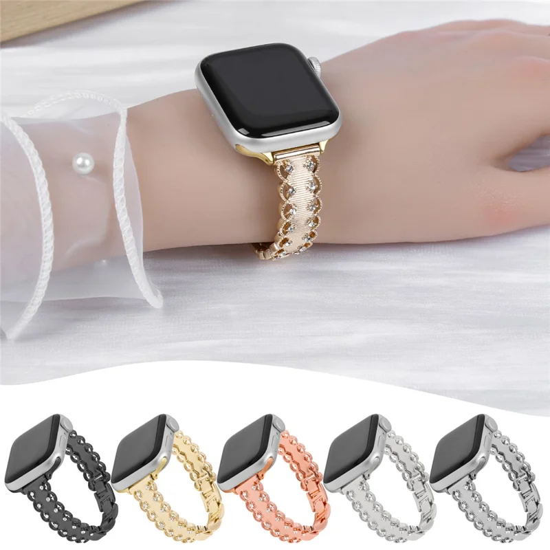 Lace Trim Watch Band for Apple Watch Series 10 Ultra 9 8 7 SE 6 5 4 3 2 1 46mm 49mm 45mm 44mm 42mm Rhinestone Decor Alloy Strap - Gold