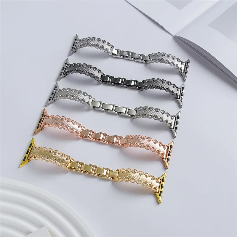 Lace Trim Watch Band for Apple Watch Series 10 Ultra 9 8 7 SE 6 5 4 3 2 1 46mm 49mm 45mm 44mm 42mm Rhinestone Decor Alloy Strap - Gold