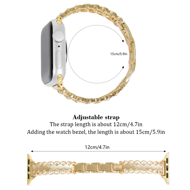 Lace Trim Watch Band for Apple Watch Series 10 Ultra 9 8 7 SE 6 5 4 3 2 1 46mm 49mm 45mm 44mm 42mm Rhinestone Decor Alloy Strap - Gold