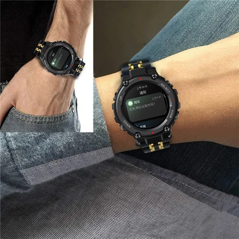 Para Huami Amazfit T-Rex 2 Pulseira de Aço Inoxidável de Sete Contas com Fecho Borboleta - Preto