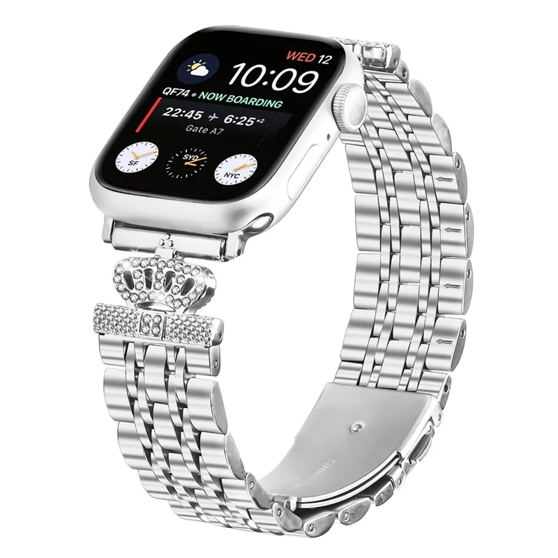 Cinturino per Apple Watch Series 10 Ultra 9 8 7 SE 6 5 4 3 2 1 46mm 49mm 45mm 44mm 42mm con 7 Strass a Corona e Cinturino in Acciaio Inossidabile Argento