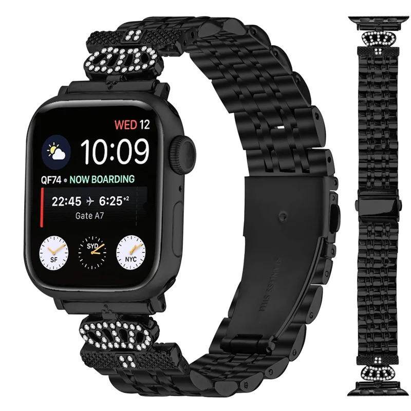 Bracelet pour Apple Watch Series 10 9 8 7 SE 6 5 4 3 2 1 42mm 41mm 40mm 38mm - Bracelet en Acier Inoxydable avec Couronne de 7 Strass - Noir