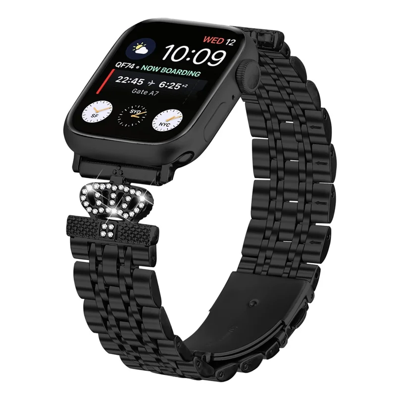 Bracelet pour Apple Watch Series 10 9 8 7 SE 6 5 4 3 2 1 42mm 41mm 40mm 38mm - Bracelet en Acier Inoxydable avec Couronne de 7 Strass - Noir