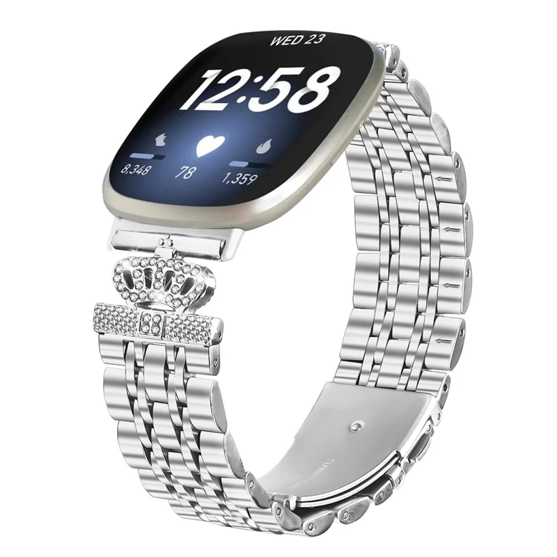 Für Fitbit Versa 4 / Sense 2 Uhrenarmband 7-Perlen Strass-Krone Edelstahlband Silber