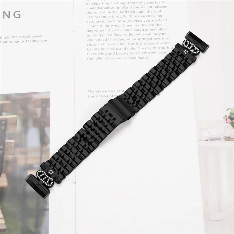 Für Fitbit Versa 4 / Sense 2 Uhrenarmband 7-Perlen Strass-Krone Edelstahlarmband - Schwarz