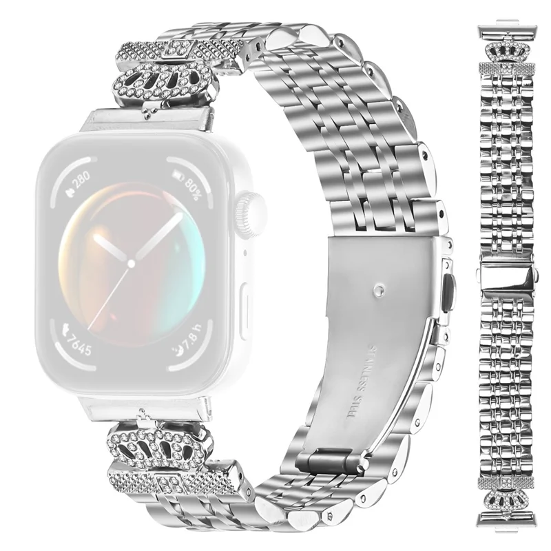 Für Huawei Watch Fit 3 Armband 7-Reihen Strass Krone Edelstahlband Silber