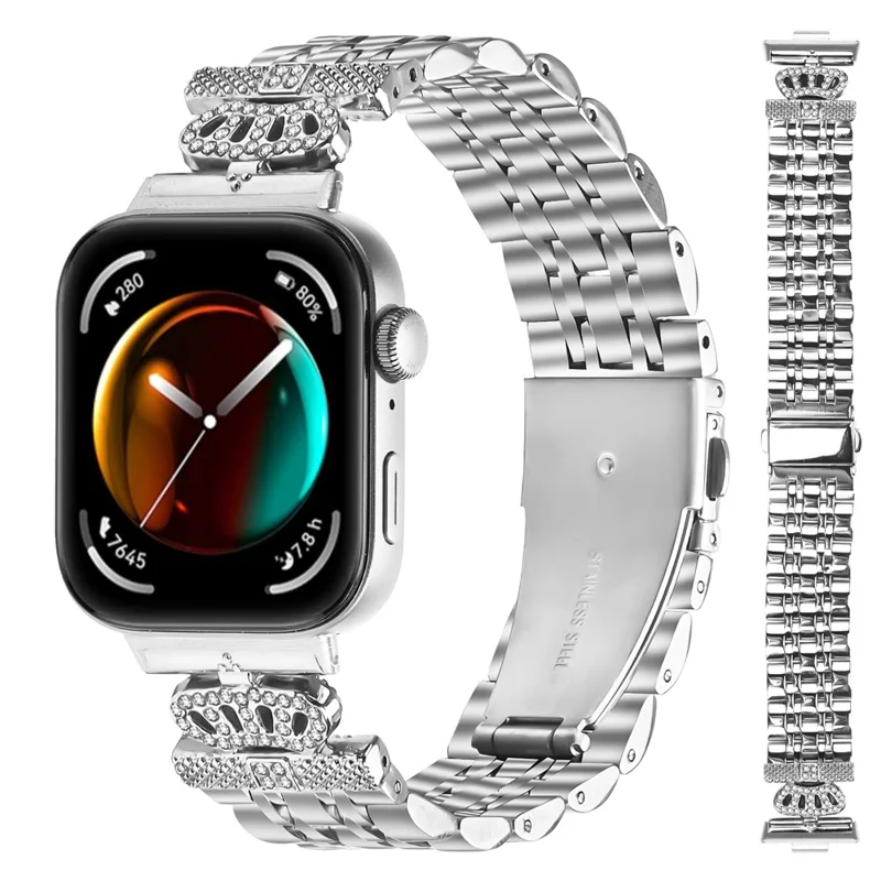 Für Huawei Watch Fit 3 Armband 7-Reihen Strass Krone Edelstahlband Silber