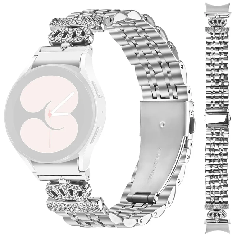 Watch Band with Connector For Samsung Galaxy Watch7 44mm  /  40mm 7-Bead Rhinestone Crown Stainless Steel Strap Silver