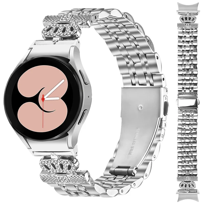 Watch Band with Connector For Samsung Galaxy Watch7 44mm  /  40mm 7-Bead Rhinestone Crown Stainless Steel Strap Silver
