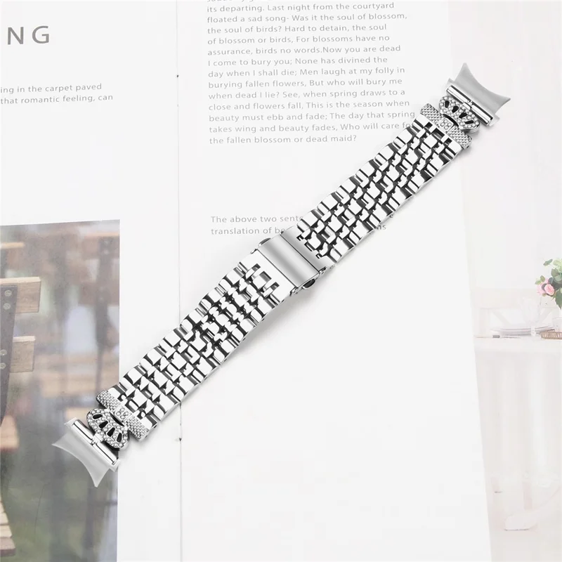 Watch Band with Connector For Samsung Galaxy Watch7 44mm  /  40mm 7-Bead Rhinestone Crown Stainless Steel Strap Silver