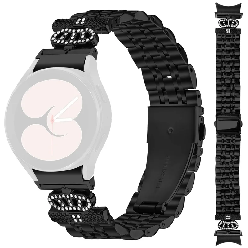 Watch Band with Connector For Samsung Galaxy Watch7 44mm  /  40mm 7-Bead Rhinestone Crown Stainless Steel Strap - Black