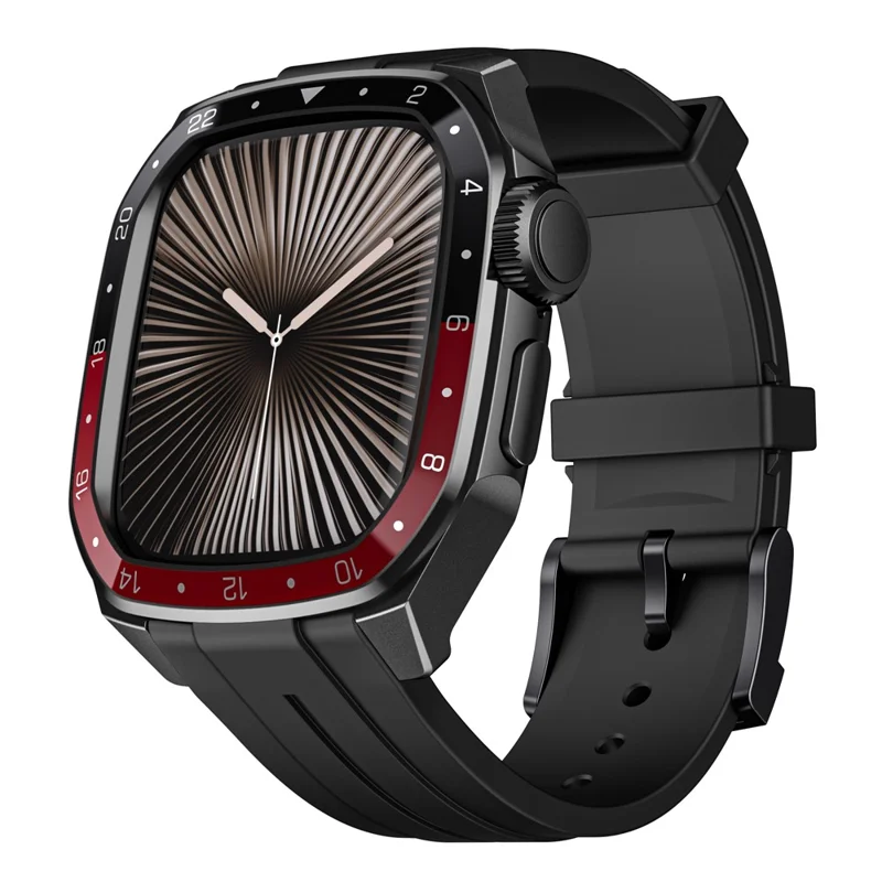 Für Apple Watch Series 9 / 8 / 7 45mm Integriertes Silikon-Armband mit Metall-Uhrengehäuse - Schwarz / Rot